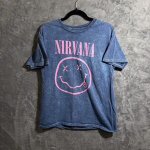 Nirvana Blue with Pink Logo T-Shirt  Size Large Graphic Tee Short Sleeve
